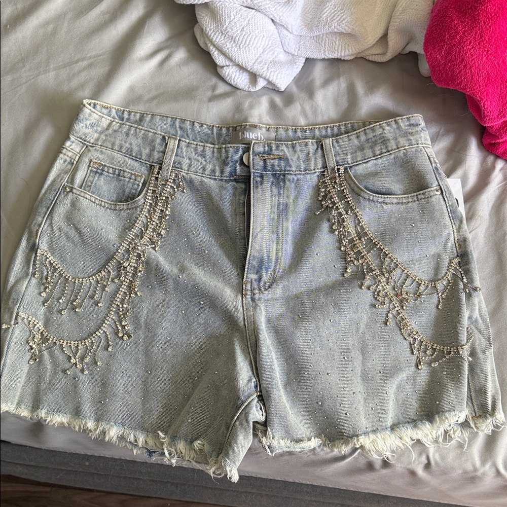 Buckle Light Blue Jean Shorts with Beaded Accents